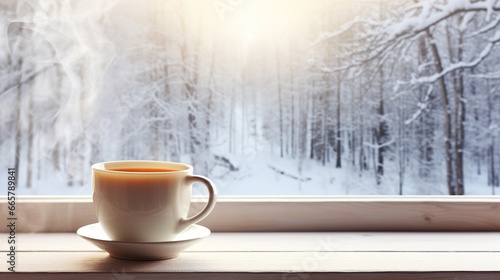 A cup of hot cocoa on the windowsill. Banner, place for text