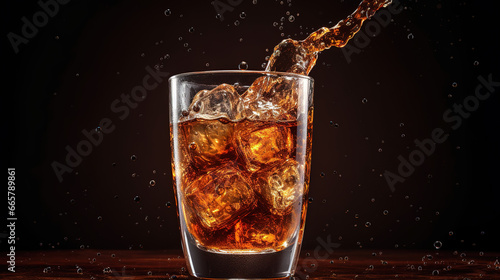 Ice cola drink with splash, glass of cola with ice photo