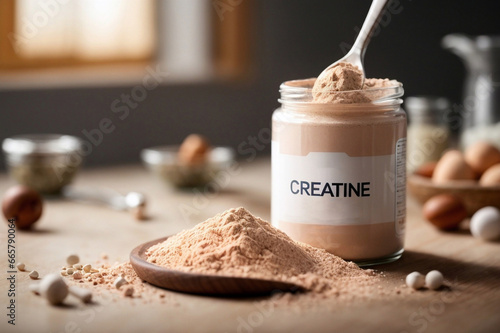 Creatine protein powder in a measuring spoon muscle building supplements nutrition photo