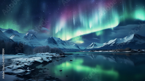 Enchanting Winter Wonderland - Majestic Northern Lights Reflecting on Icy Blue Waters