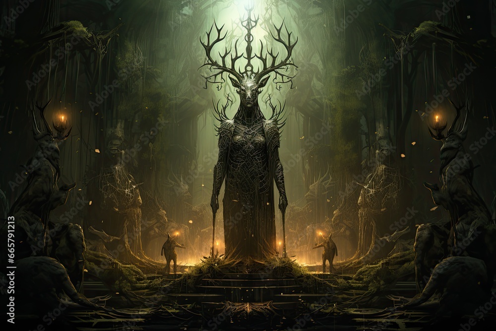 Mystical forest and sacrifice to the gods - obrazy, fototapety, plakaty 