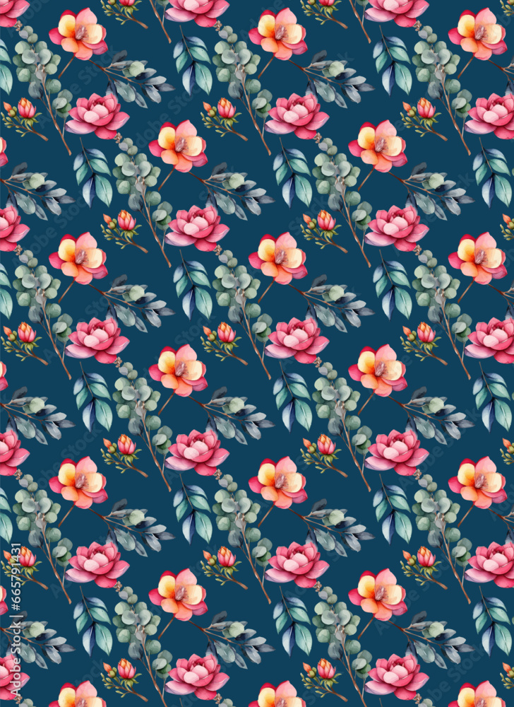 Seamless pattern with leaves and flowers on the blue background Seamless pattern with leaves and flowers on the blue background