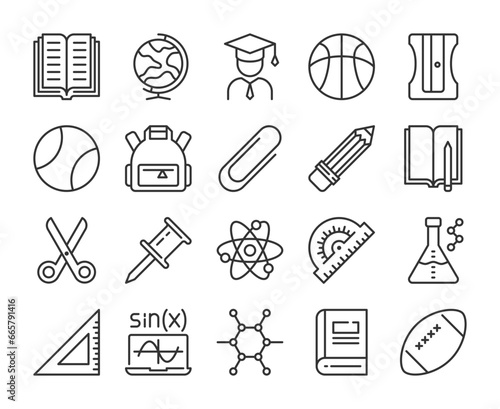 School supplies icons. Education line icon set. Editable Stroke.