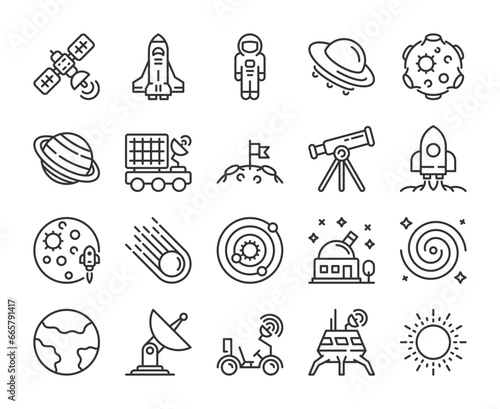 Space icons. Space exploration line icon set. Editable Stroke.