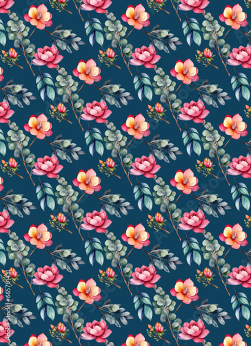 Seamless pattern with leaves and flowers on the blue background