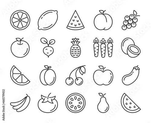 Fruits and vegetables icons. Healthy eating line icon set. Editable Stroke.