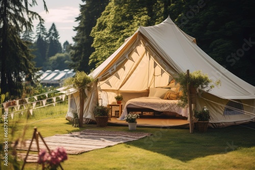 Comfortable Summer glamping tent. Holiday outdoor. Generate Ai