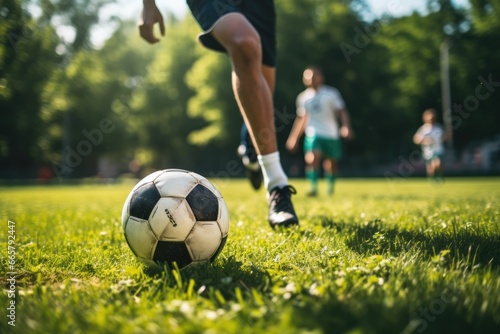 A soccer player hits a soccer ball during a game. near. Summer, summer sports © iloli