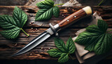 Photo réaliste d'un couteau suisse fermé sur une surface en bois rustique avec un fond flou de feuilles vertes.
