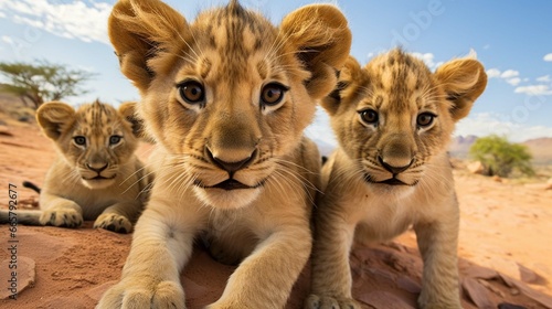 Group of young small teenage lions curiously looking straight into the camera in the desert