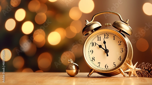 Vintage alarm clock on the background of Christmas holidays. Generative AI