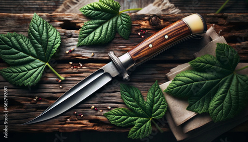 Photo réaliste d'un couteau suisse fermé sur une surface en bois rustique avec un fond flou de feuilles vertes.