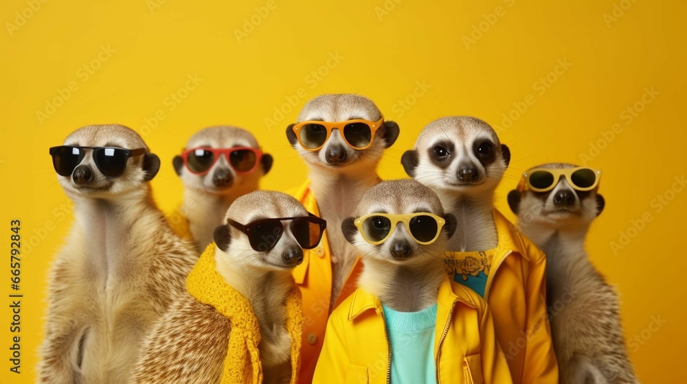 Meerkat in a group, vibrant bright fashionable outfits isolated on solid background advertisement, copy text space.