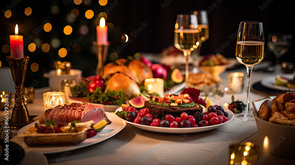 Christmas evening dinner table with festive food and sparkling wine glasses, holiday xmas concept
