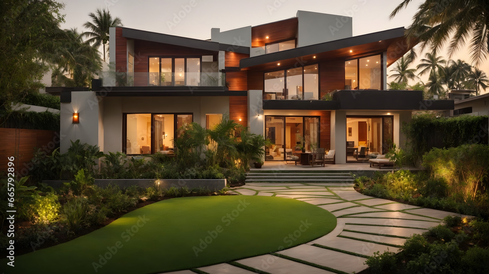 Eco-friendly exterior design of a modern Indian house.