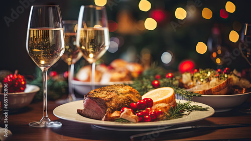Christmas evening dinner table with festive food and sparkling wine glasses  holiday xmas concept
