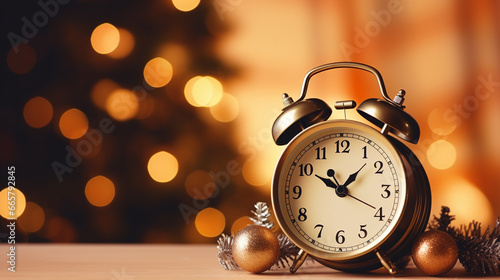 Vintage alarm clock on the background of Christmas holidays. Generative AI