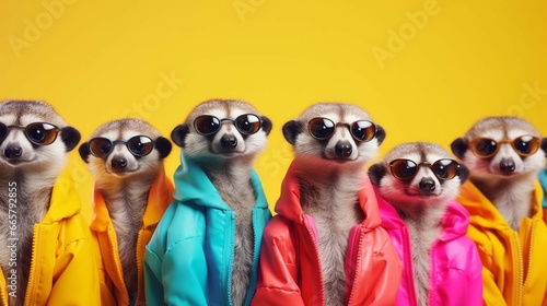 Meerkat in a group, vibrant bright fashionable outfits isolated on solid background advertisement, copy text space.