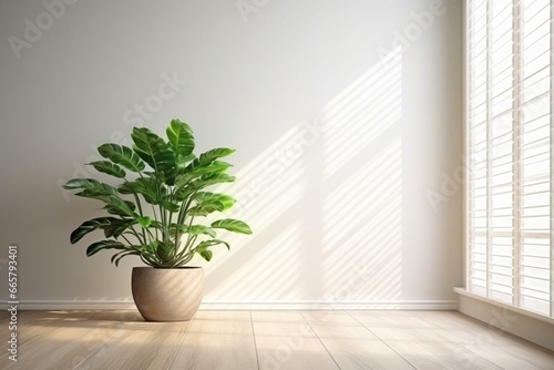 Empty wall with green plant, stylish pot, baseboard, wooden parquet, sunlight, luxury decoration. Generative AI