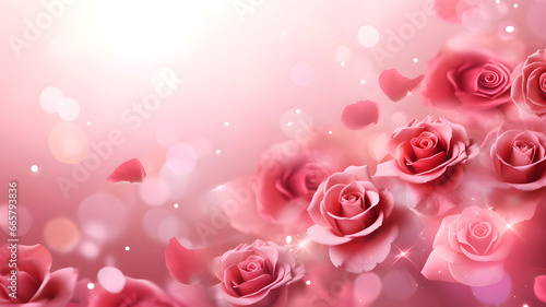Ethereal pink roses amidst floating petals  radiating soft light against a gentle bokeh background with sparkling accents.