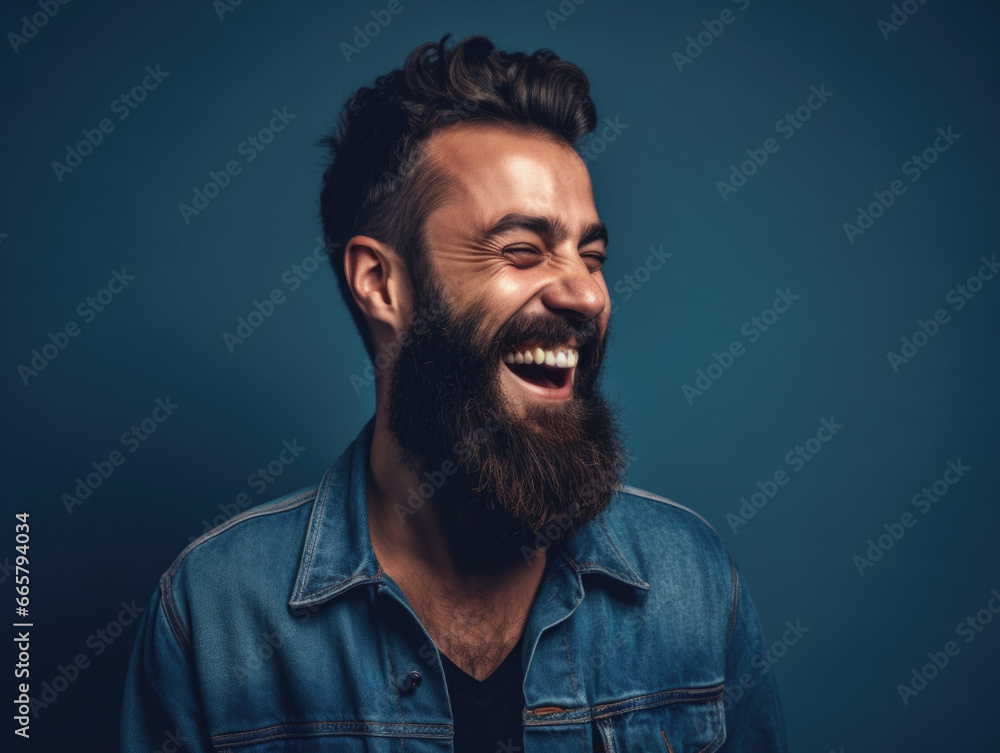 Man with a beard laughing on a blue background. Man with a beard laughing on a blue background.