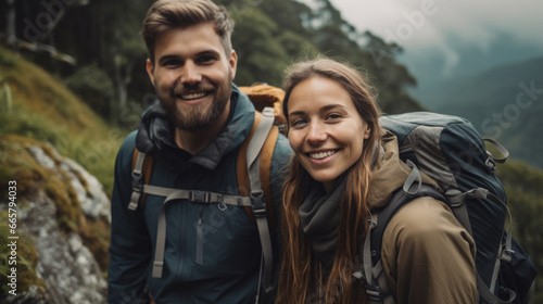 Couple smiling while hiking in the mountains.