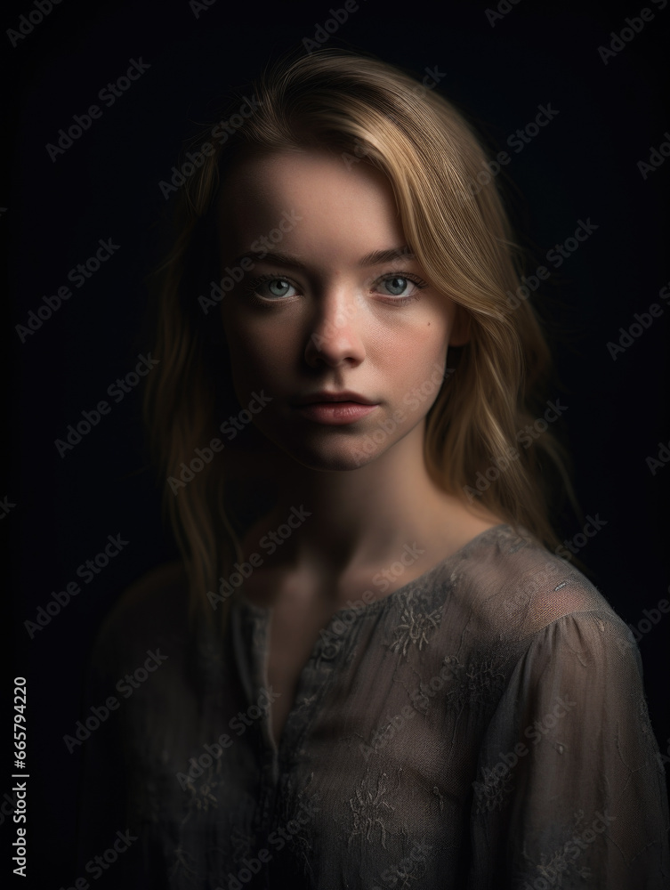 Young woman with blue eyes is posing in front of a dark background. Young woman with blue eyes is posing in front of a dark background.