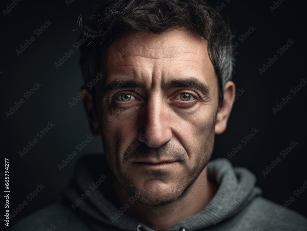 Man in a gray hoodie is staring at the camera. Man in a gray hoodie is staring at the camera.