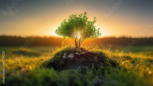Free photo of a tree growing under the sky at sunset surrounded by grass photo
