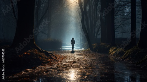 A surreal image of a person walking along a quiet, still forest path