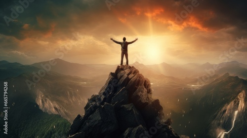 A surreal powerful image of a person standing on a mountaintop, arms raised in triumph © Orxan
