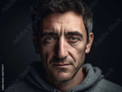 Man in a gray hoodie is staring at the camera.