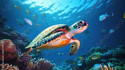 Beautiful turtle swimming among fishes in blue water  © Hamza