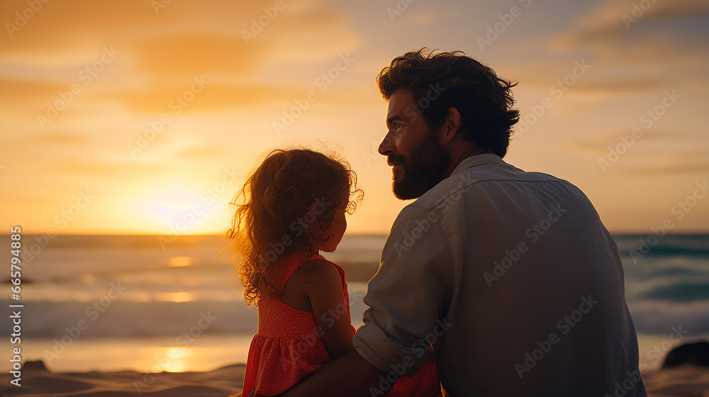 Lovely happy father and his little girl in beach at sunset, cinematic view, father and daughter bond