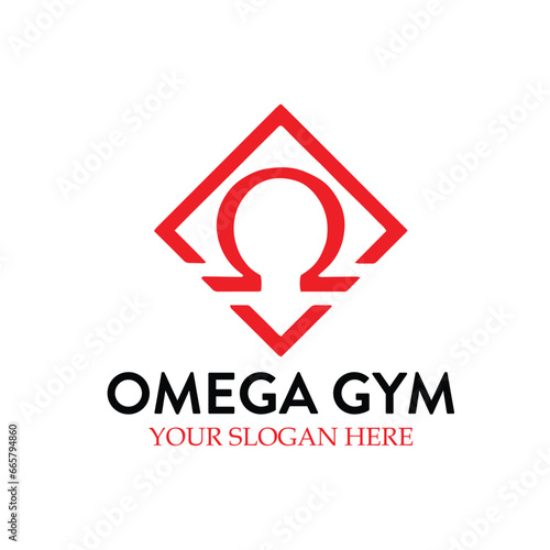 omega gym barbell logo design vector