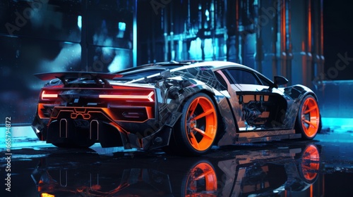 Future new car r8, neon ambiance, abstract black oil, gear mecha, detailed acrylic, grunge, intricate complexity, rendered in unreal engine, photorealistic photo