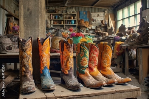 colorful cowboy boots in workshop. Generative AI