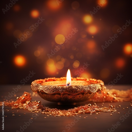 Diwali background with copy space. A lit candle on a wooden table, with a blurred bokeh background of lights. Perfect for advertising, banners, and social media posts.