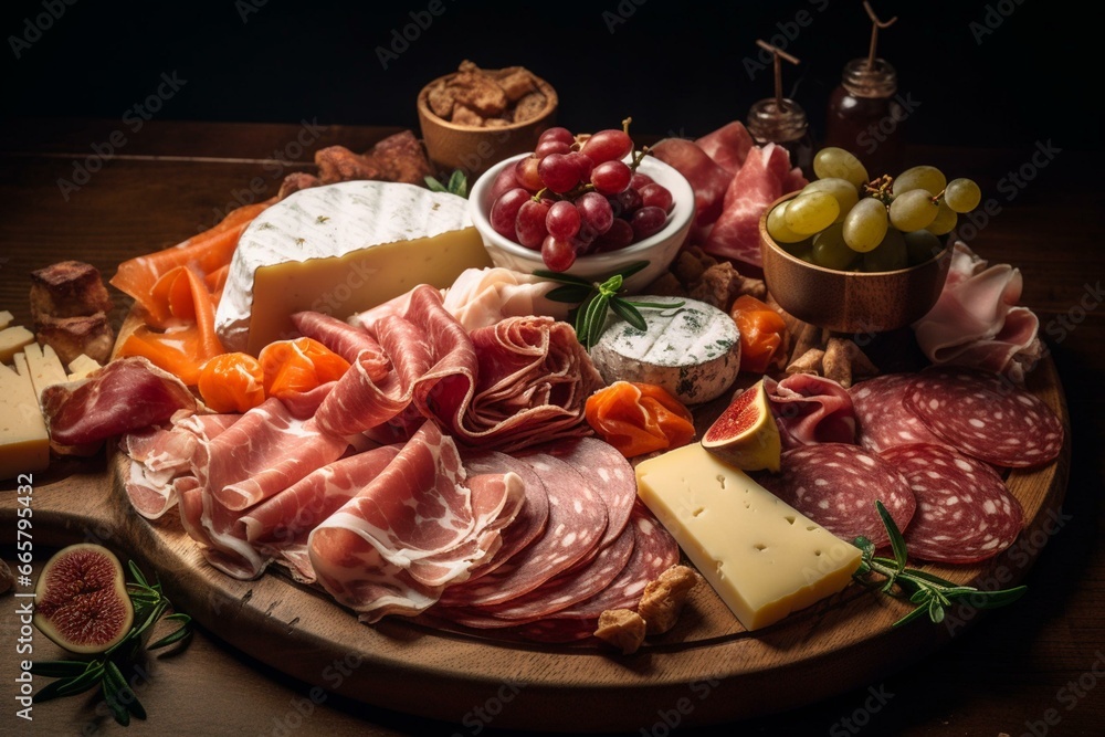 A platter with assorted cured meats, salami, raw ham, and pecorino cheese, Italian food. Generative AI