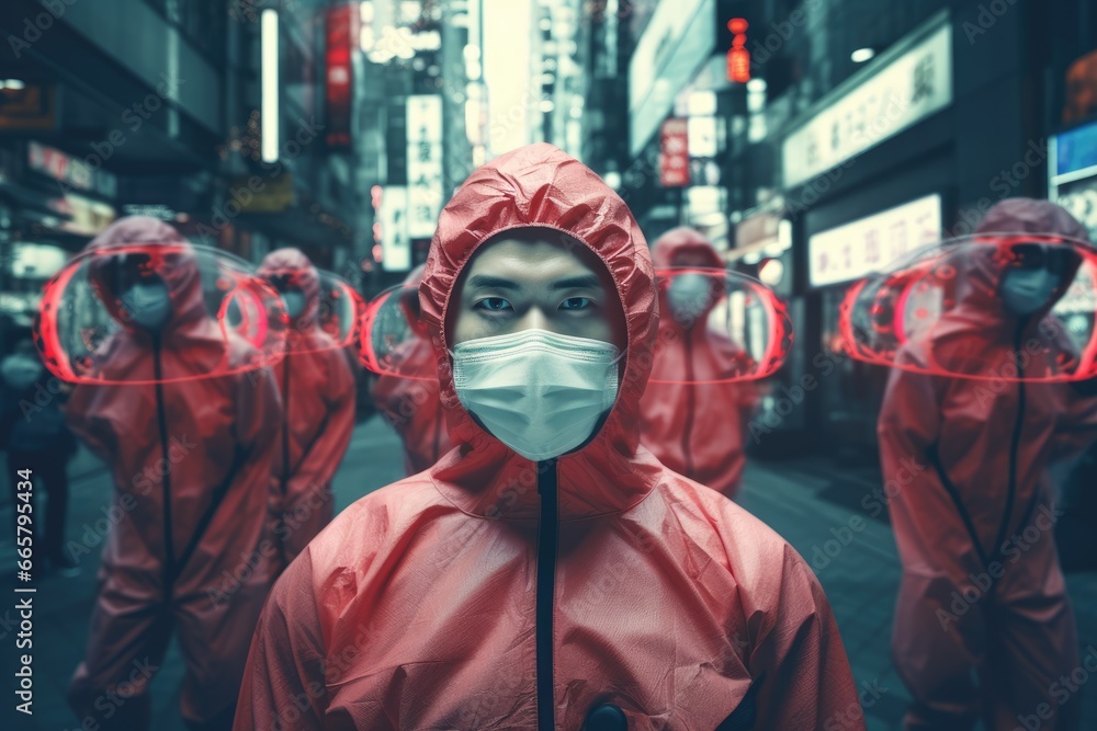 asian perople in hazmat suits during coronavirus pandemic on urban city blurred background.