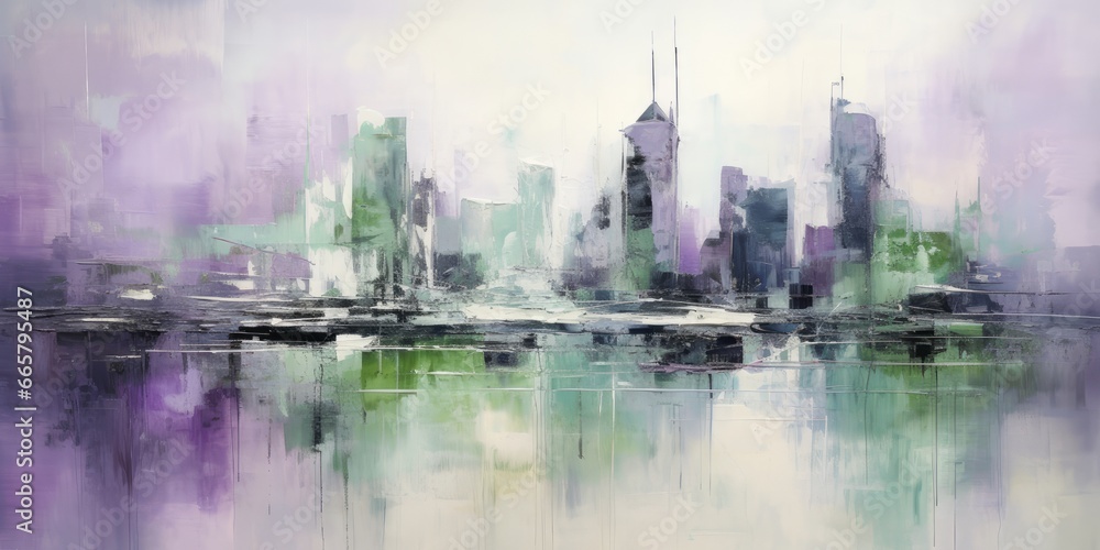 Urban abstract painting with New York City skyline in green and purple tones