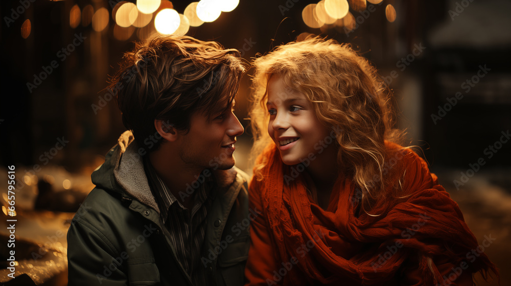 Beautiful cinematic view of young lovely cute teenage couple in love at night, teenagers romance 