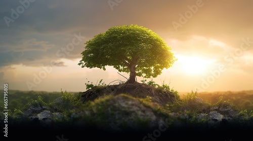 Free photo of a tree growing under the sky at sunset surrounded by grass