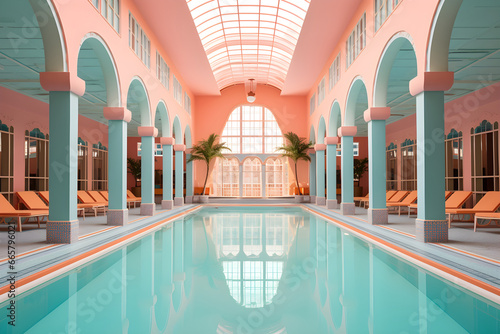 Cinematic Poolside Scene with Pastel Colors, Poolside, Cinematic Aesthetics, Retro, Atmosphere, Vintage Color Palette, Summer Relaxation, Nostalgic Poolside, Summertime Ambiance, interior, architectur photo