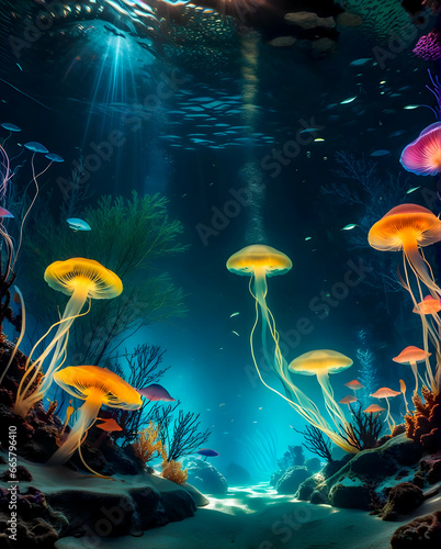 Ai generated illustration of glowing colourfull jellyfishes floating in depths of the ocean