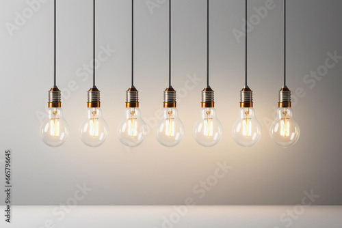 A row of glowing light bulbs suspended against a soft gradient backdrop