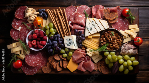 Cheese and meat platter with nuts and dried fruits. Generative AI