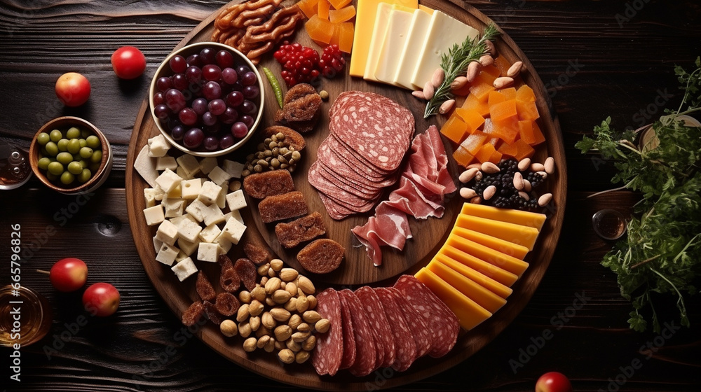 Cheese and meat platter with nuts and dried fruits. Generative AI Cheese and meat platter with nuts and dried fruits. Generative AI
