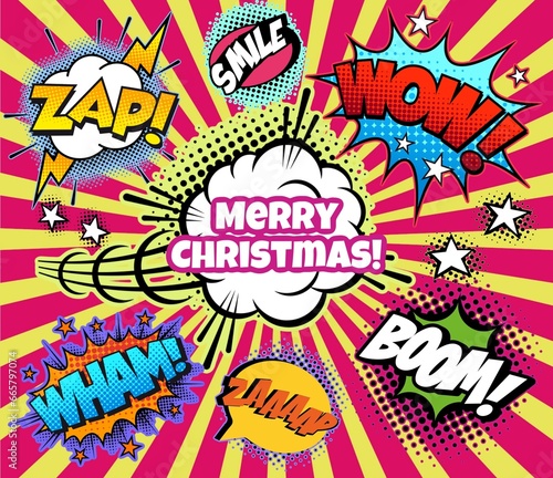 Comics Happy new Year. Vintage, retro style with graffiti elements, collage, cartoon cinema.