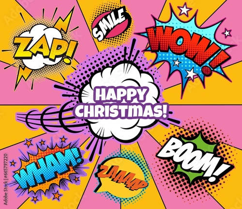 happy Christmas comics illustration. Vintage, retro style. Multicoloured collage, graffiti.